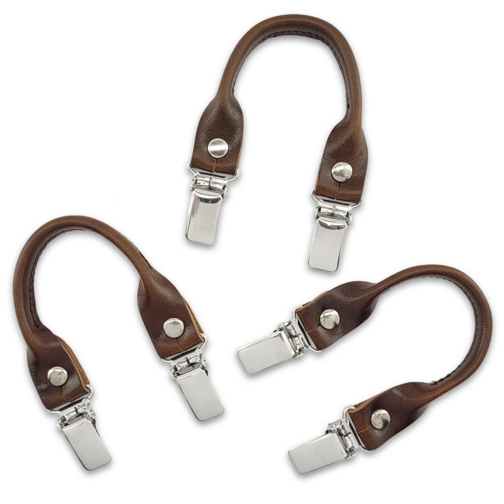 Hosenträgerschlaufenset - braun genarbtes Leder - mit silbernen Clips - 1